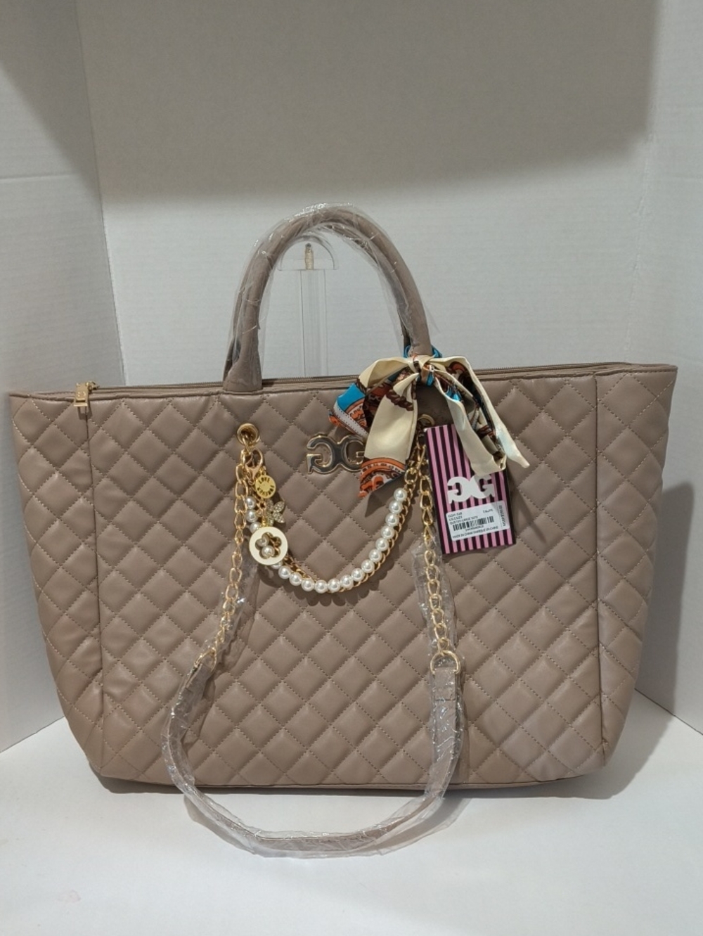 Gilda Paris Quilted Beige Tote Bag with Chain & Pearl Accent Charms